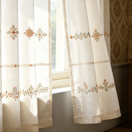 Vintage-Style Embroidered Linen Curtains with Floral Embroidery